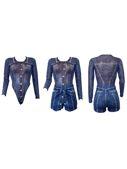 Two-Piece Printed Mesh Top Skirt Set