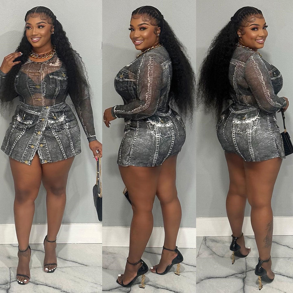 Conjunto de falda y top de malla estampado de dos piezas 