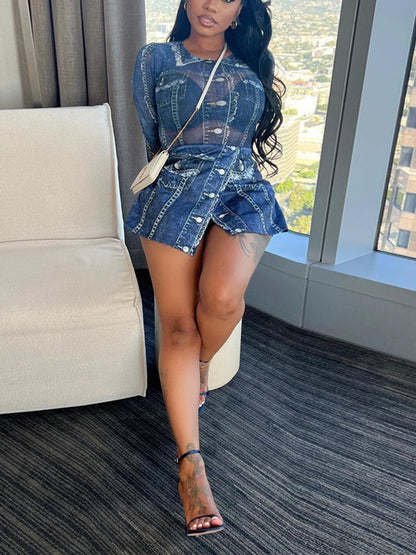 Two-Piece Printed Mesh Top Skirt Set