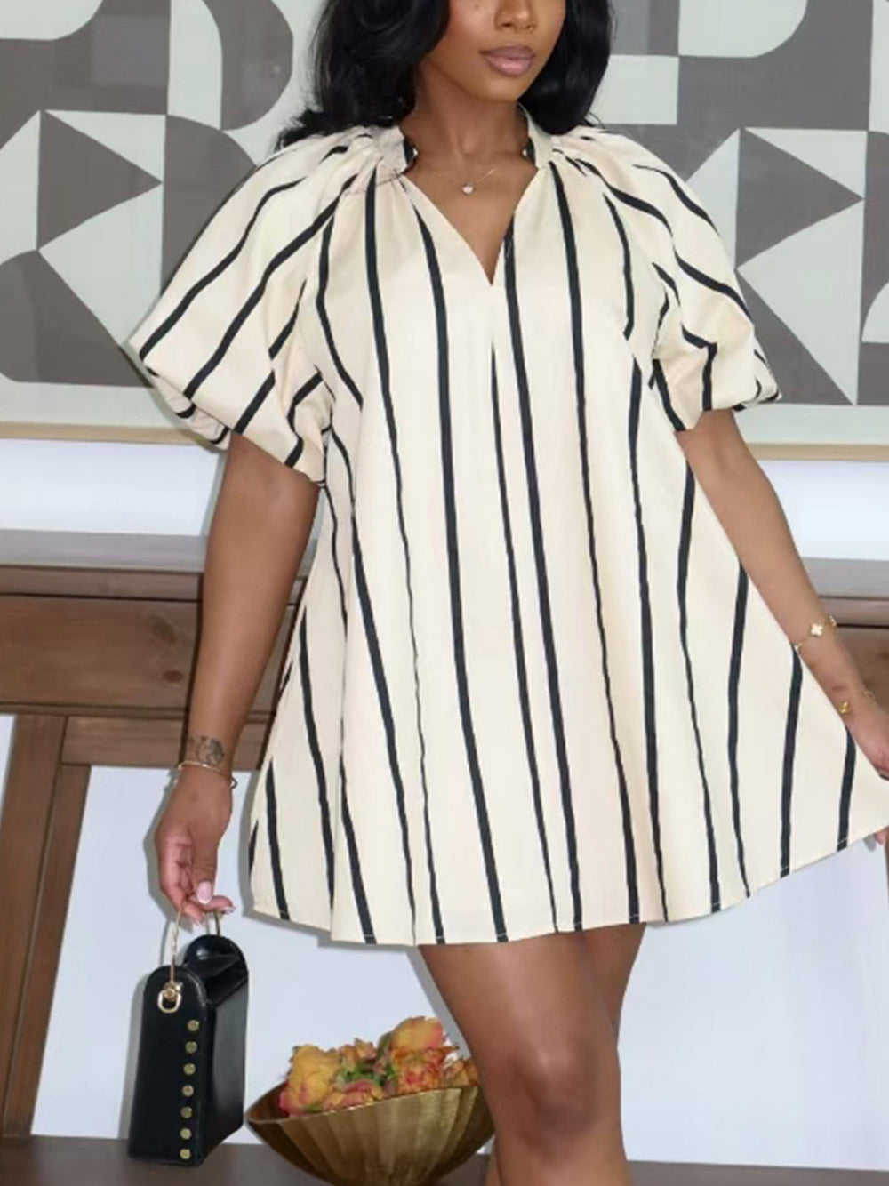 V Neck Stripe Puff Sleeve Mini Dress