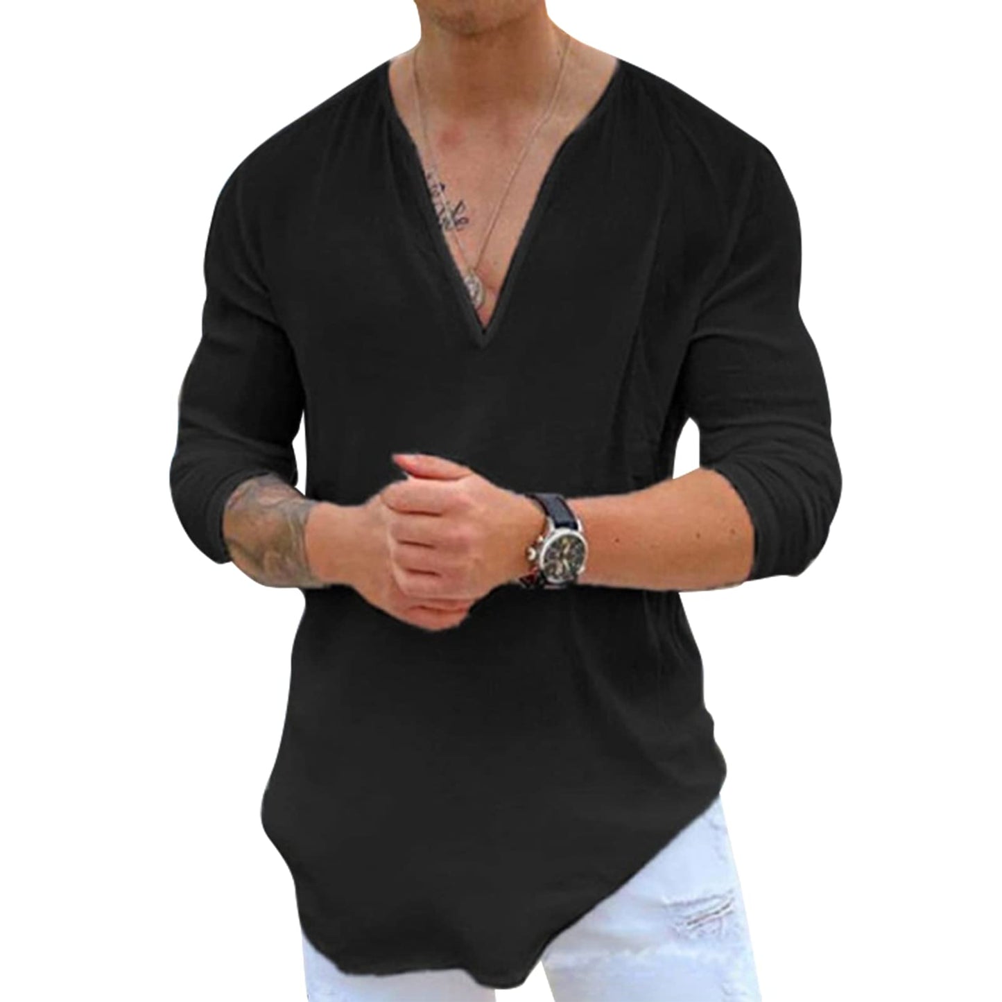 Mens Cotton Linen V-Neck Shirt