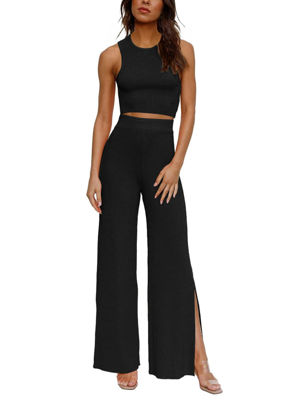 Two Piece Ribbed Cropp Top and Wide Leg Pants