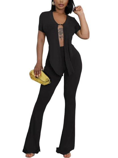 Two Piece Belted Crop Tops Wide Leg Pants Sets