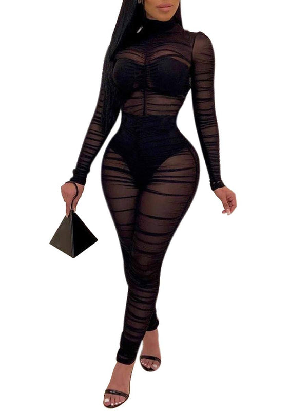 Mesh Long Sleeve Bodycon Jumpsuit