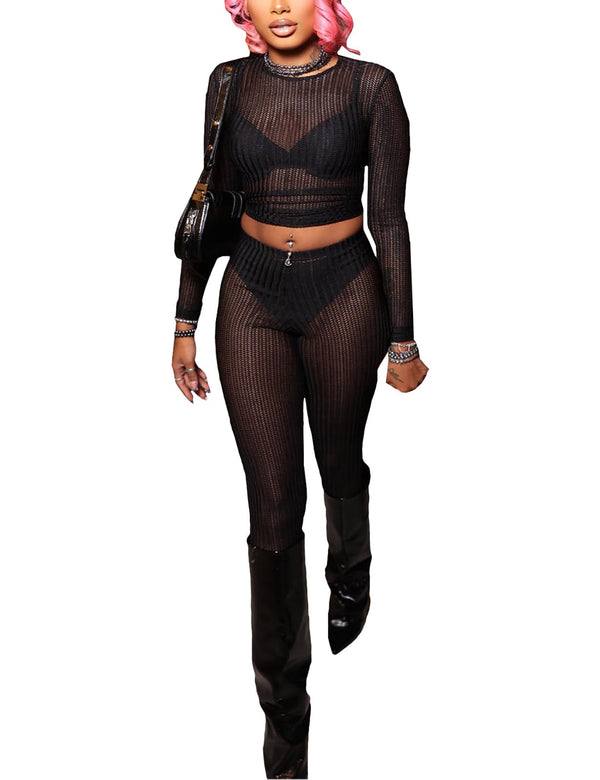 Two Piece Mesh Long Sleeve Crop Top & Pants