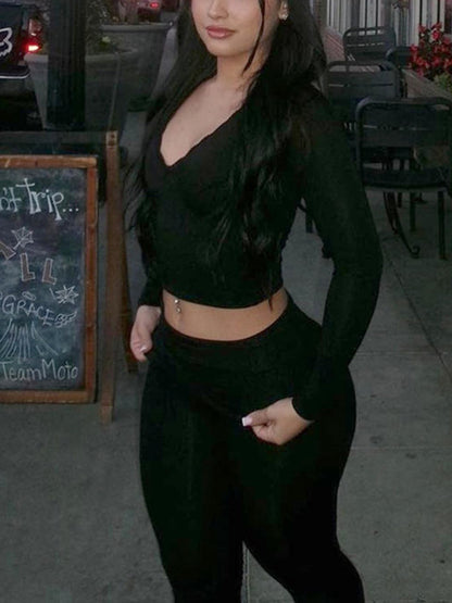 Two Piece Long Sleeve Crop Top Flare Pants Sets