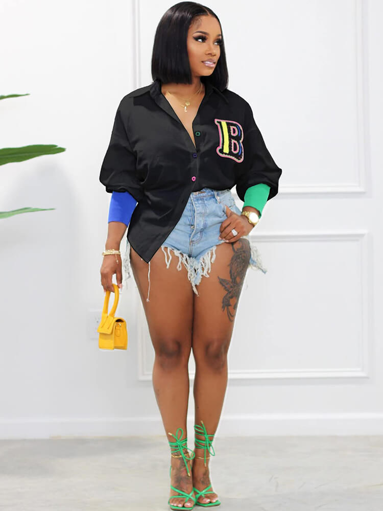 Color Block Letter Embroidery Button Down Shirts