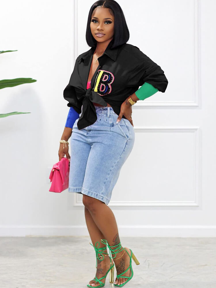 Color Block Letter Embroidery Button Down Shirts