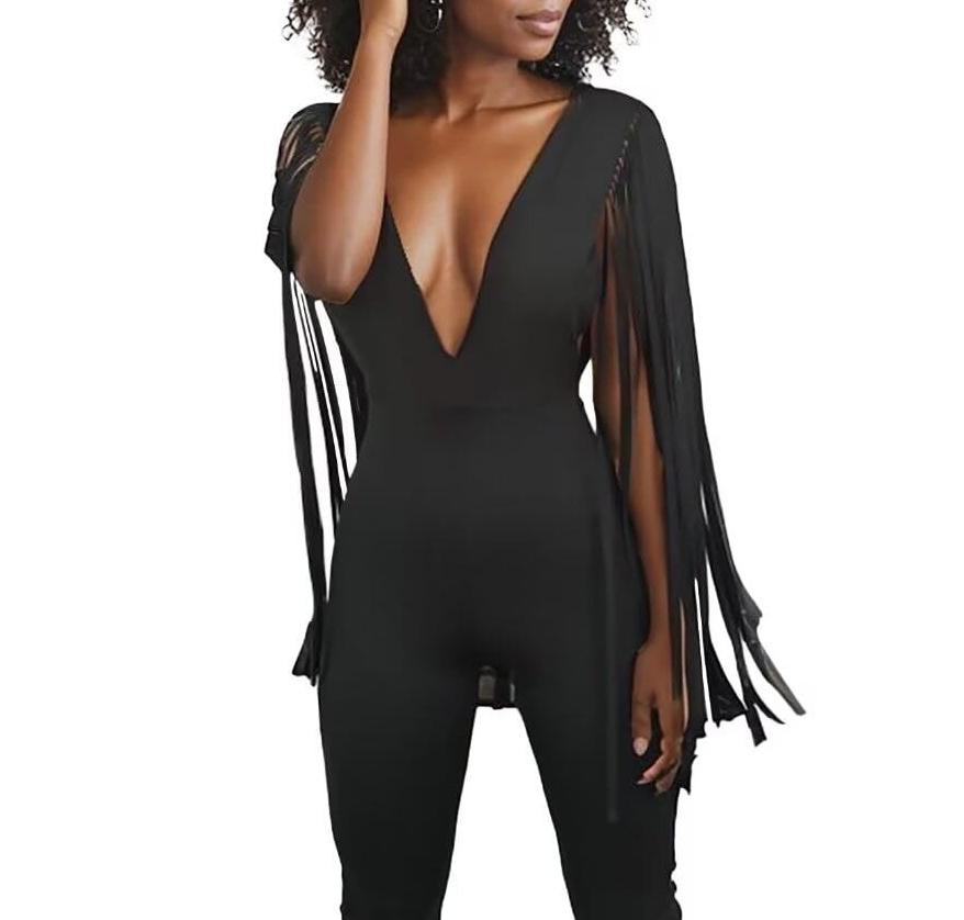 V Neck Tassel Sleeve Bodycon Jumpsuit