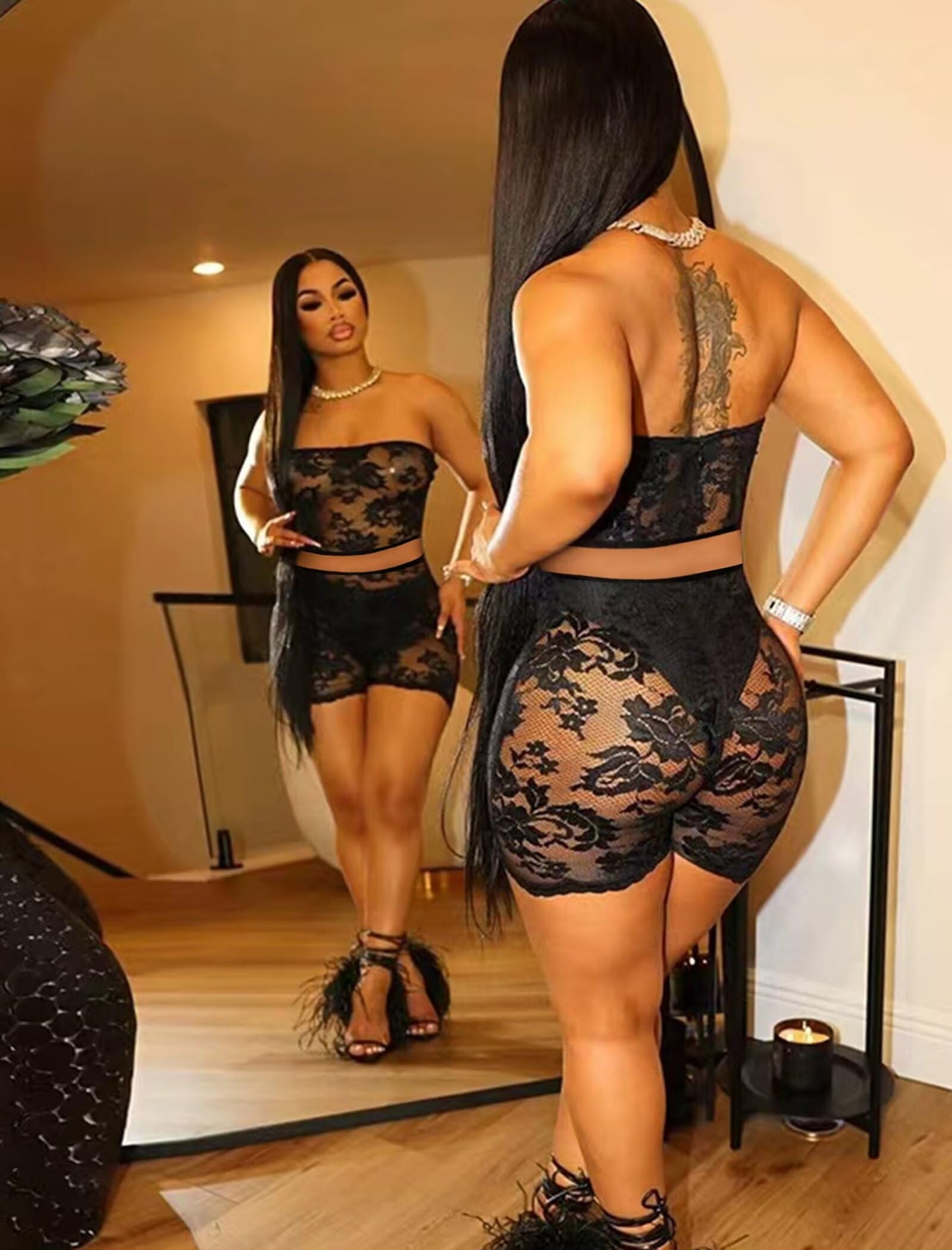 Lace Two Piece Tube Top and Bodycon Shorts