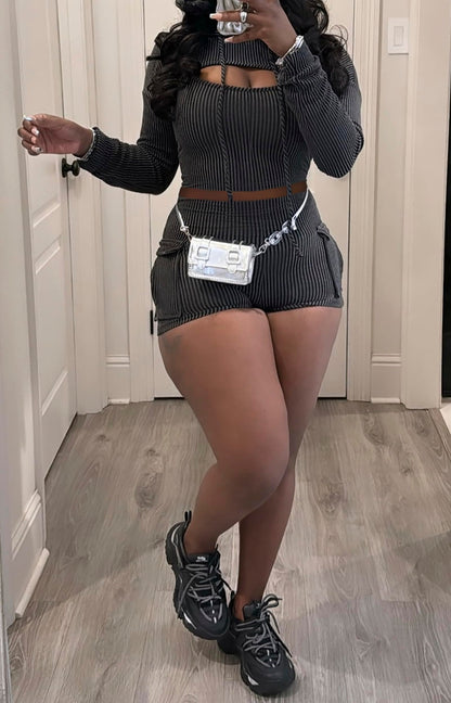 Three Piece Ribbed Hoodies Shorts Set