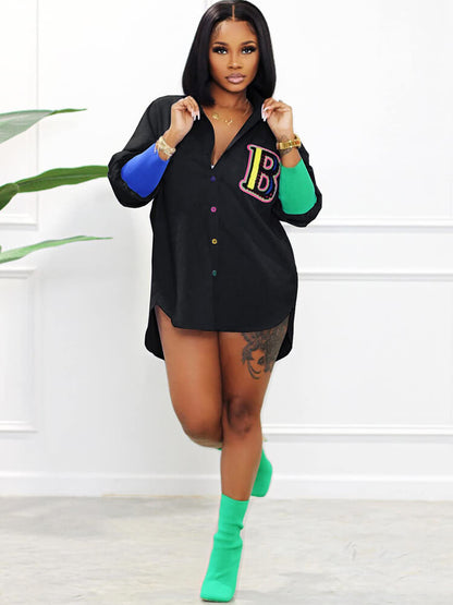 Color Block Letter Embroidery Button Down Shirts