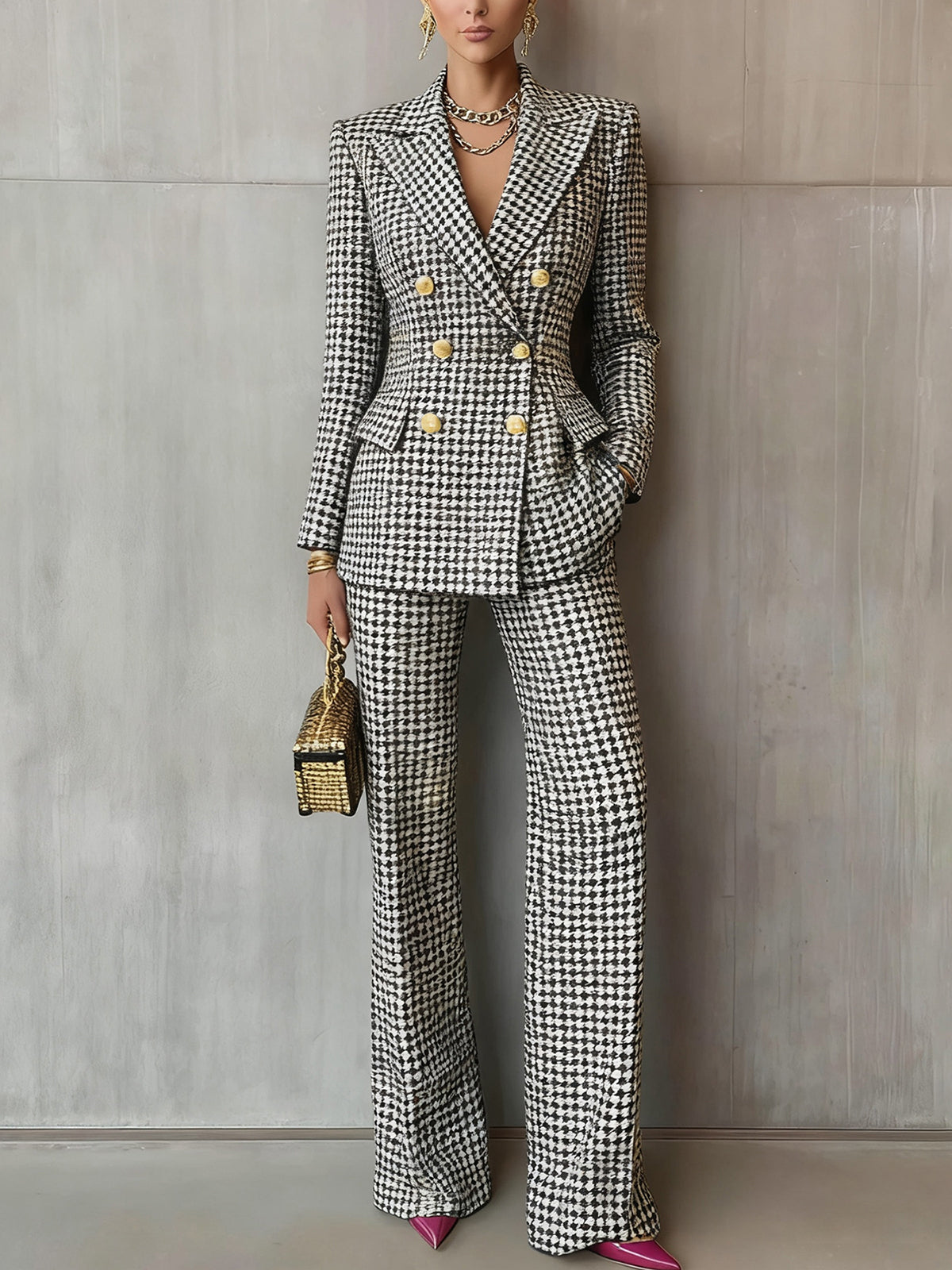 Plaid Long Sleeve Blazer Pants Suit