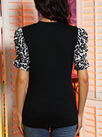 Leopard Print Patchwork Puff Sleeve Blouse