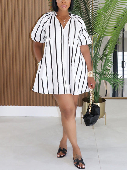 V Neck Stripe Puff Sleeve Mini Dress
