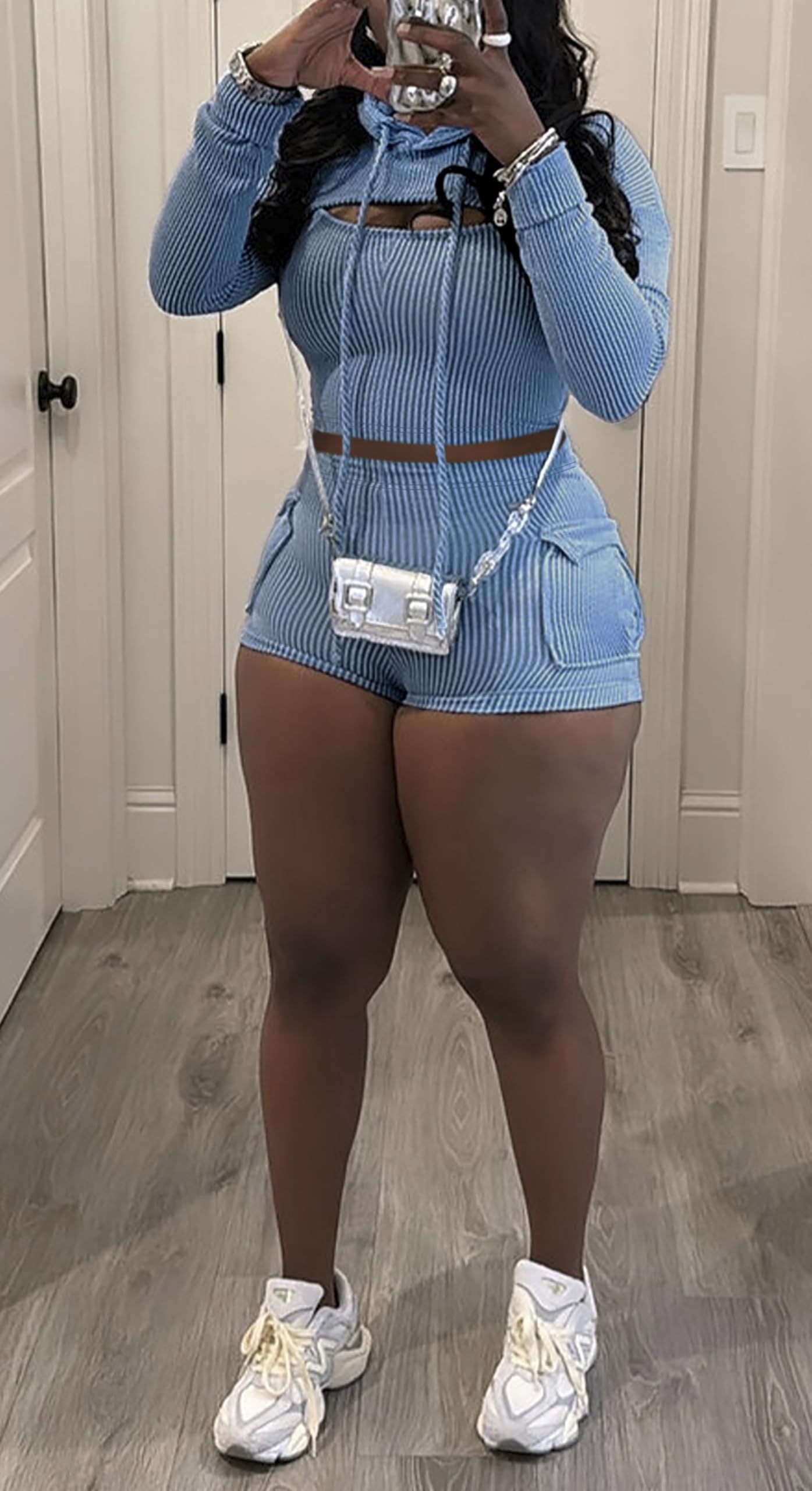 Three Piece Ribbed Hoodies Shorts Set