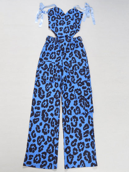 Two Pieces Print Lace-Up Cargo Pants Set