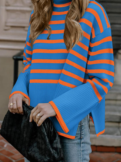 Long Sleeve Turtle Neck Striped Knit Top