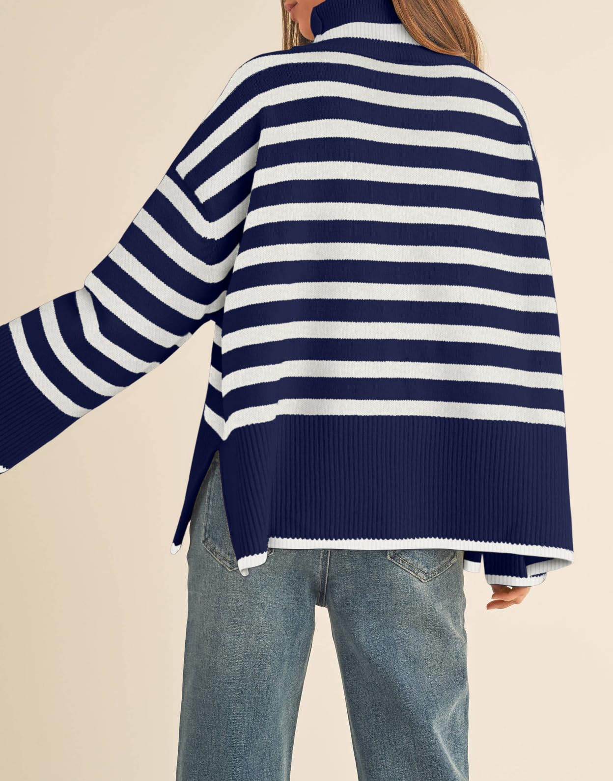 Long Sleeve Turtle Neck Striped Knit Top