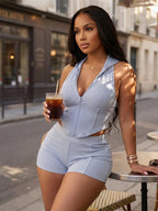 Sleeveless Hooded Vest Ribbed Short Sets