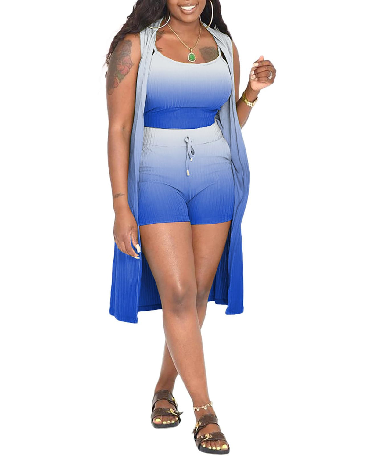 Three Piece Ribbed Sleeveless Cardigan & Bodycon Shorts
