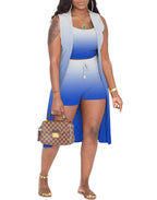 Three Piece Ribbed Sleeveless Cardigan & Bodycon Shorts