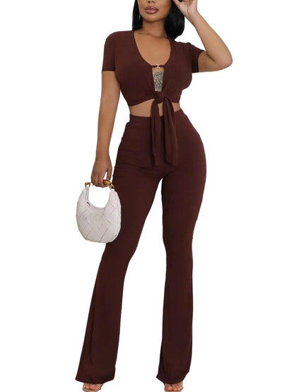 Two Piece Belted Crop Tops Wide Leg Pants Sets