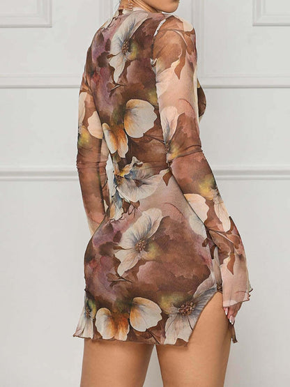 Floral Bell Sleeve Mesh Mini Dress