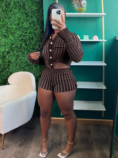 Two Piece Knit Crochet Crop Top Shorts