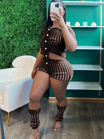 Two Piece Knit Crochet Crop Top Shorts