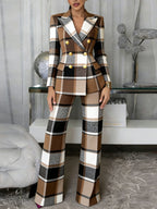 Plaid Long Sleeve Blazer Pants Suit