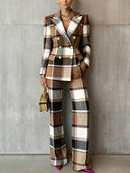 Plaid Long Sleeve Blazer Pants Suit