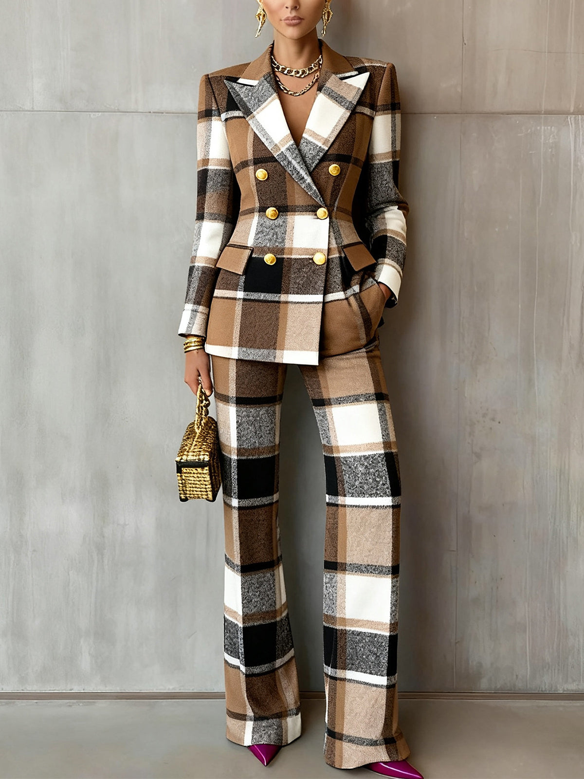 Plaid Long Sleeve Blazer Pants Suit