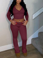 Two Piece Long Sleeve Crop Top Flare Pants Sets