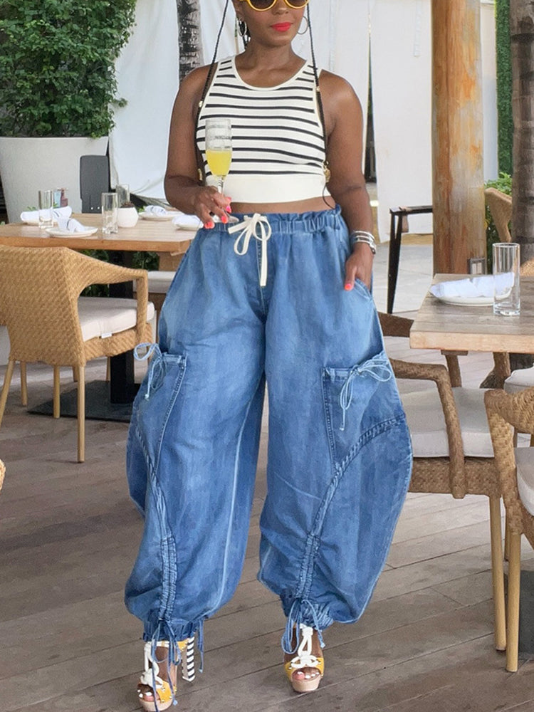 Bow Tie Elastic Waist Loose Jeans