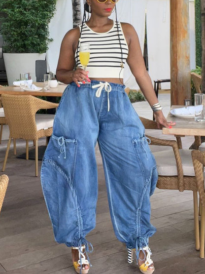 Bow Tie Elastic Waist Loose Jeans