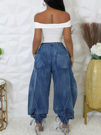 Bow Tie Elastic Waist Loose Jeans