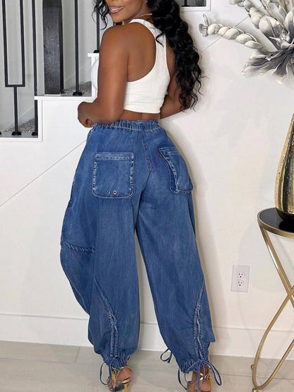Bow Tie Elastic Waist Loose Jeans