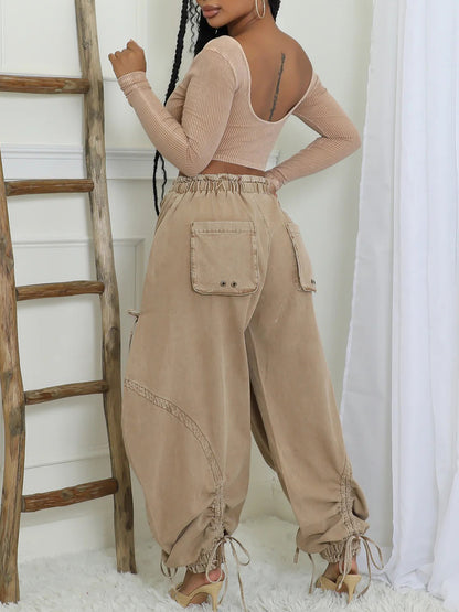 Bow Tie Elastic Waist Loose Jeans