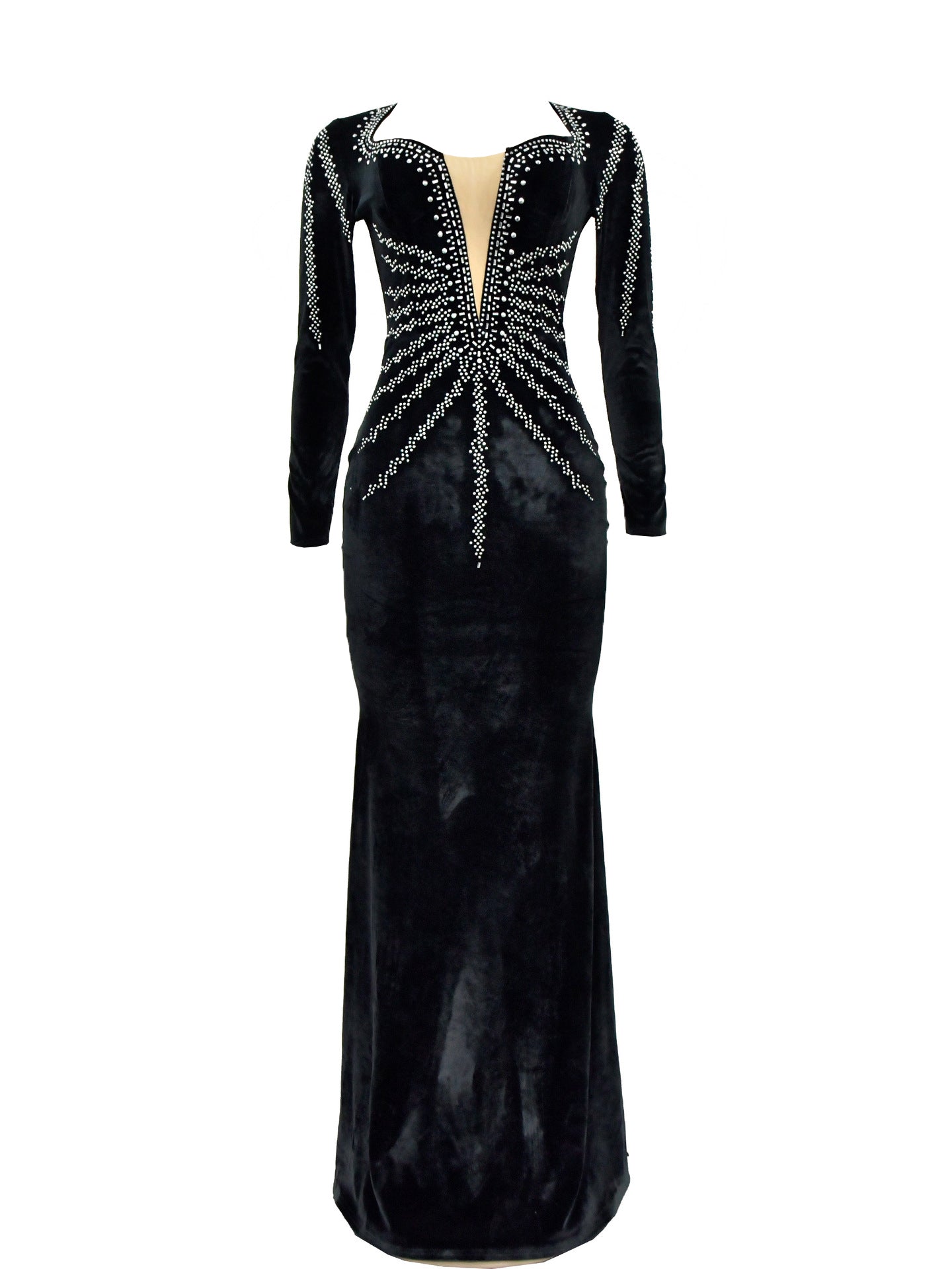 Rhinestone Velvet Mesh Maxi Dress