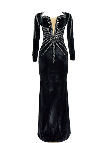 Rhinestone Velvet Mesh Maxi Dress