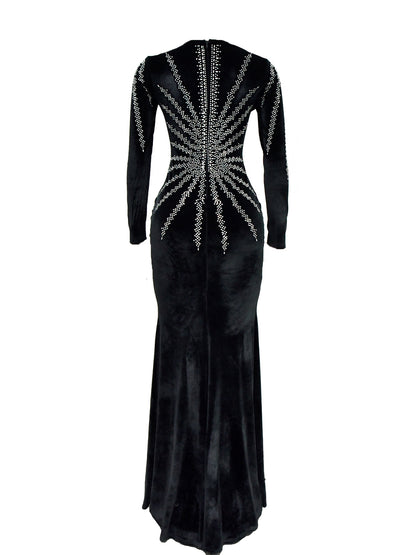 Rhinestone Velvet Mesh Maxi Dress