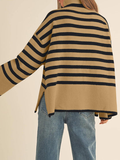 Long Sleeve Turtle Neck Striped Knit Top