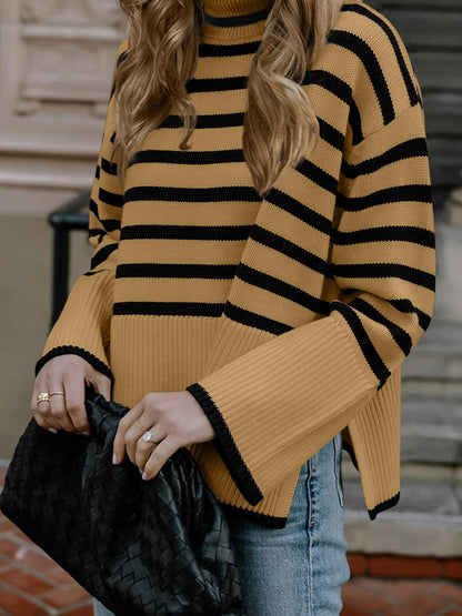 Long Sleeve Turtle Neck Striped Knit Top