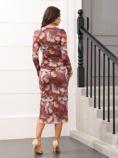 Floral Print Long Sleeve Side Split Dresses