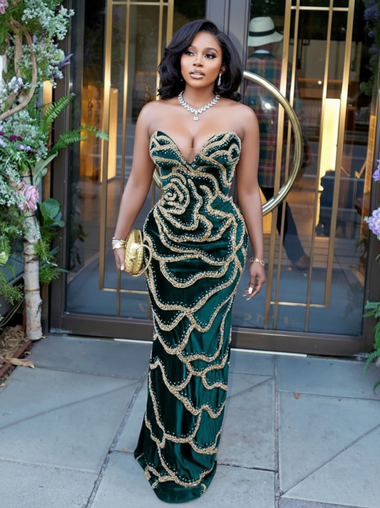 Sequins Strapless Velvet Maxi Dress