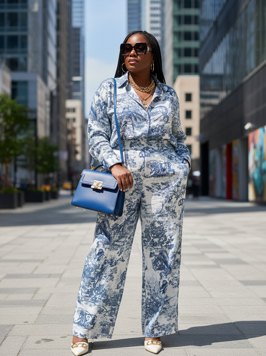 Printed Shirt Wide Leg Pants Set