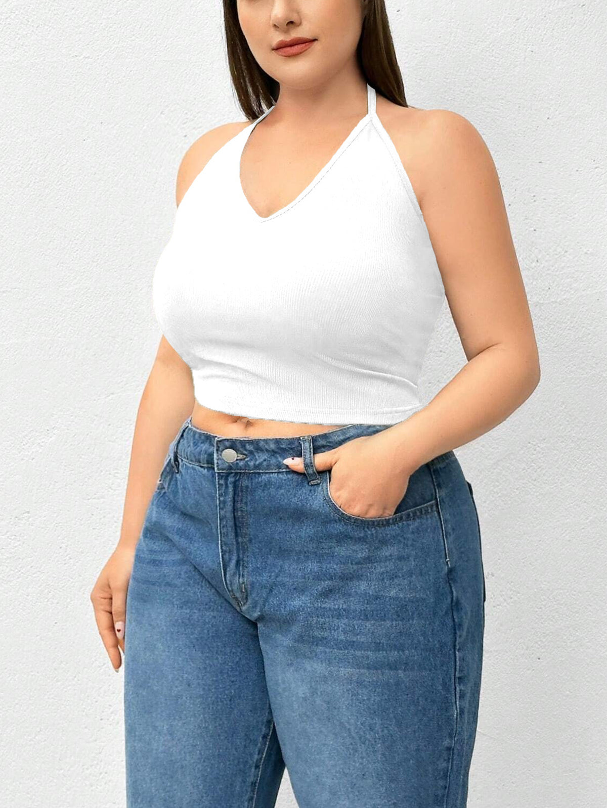 Top sin mangas de punto de color liso con cuello halter 