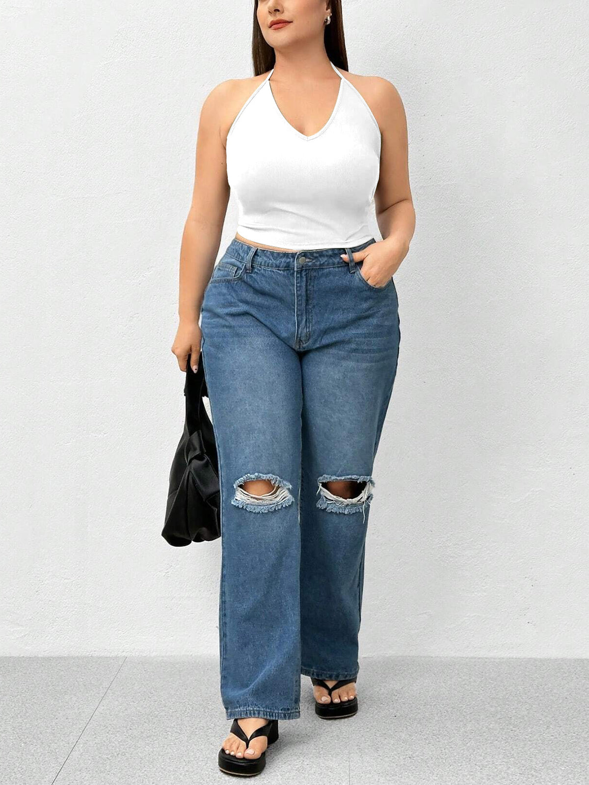 Top sin mangas de punto de color liso con cuello halter 