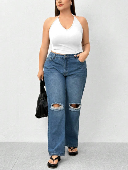 Top sin mangas de punto de color liso con cuello halter 